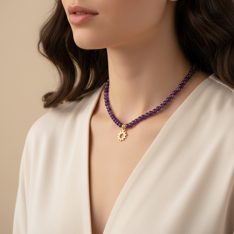 Collana regolabile ametista con ciondolo sole