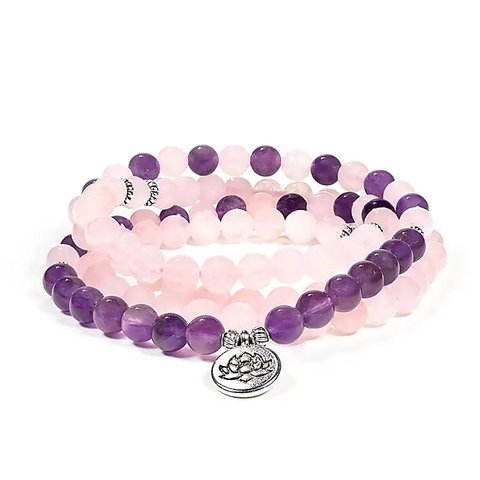 Mala elastico Quarzo rosa e Ametista con Loto