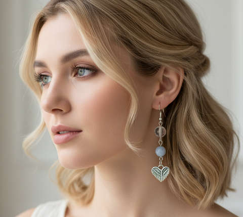 Orecchini cristallo di rocca e angelite con cuore